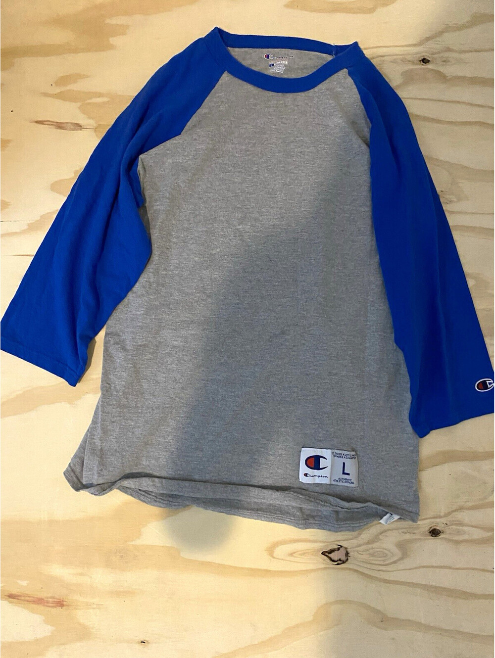 Champion Authentic Men's L Gray/Blue Raglan 3/4 Sleeve Crew Neck T-Shirt
